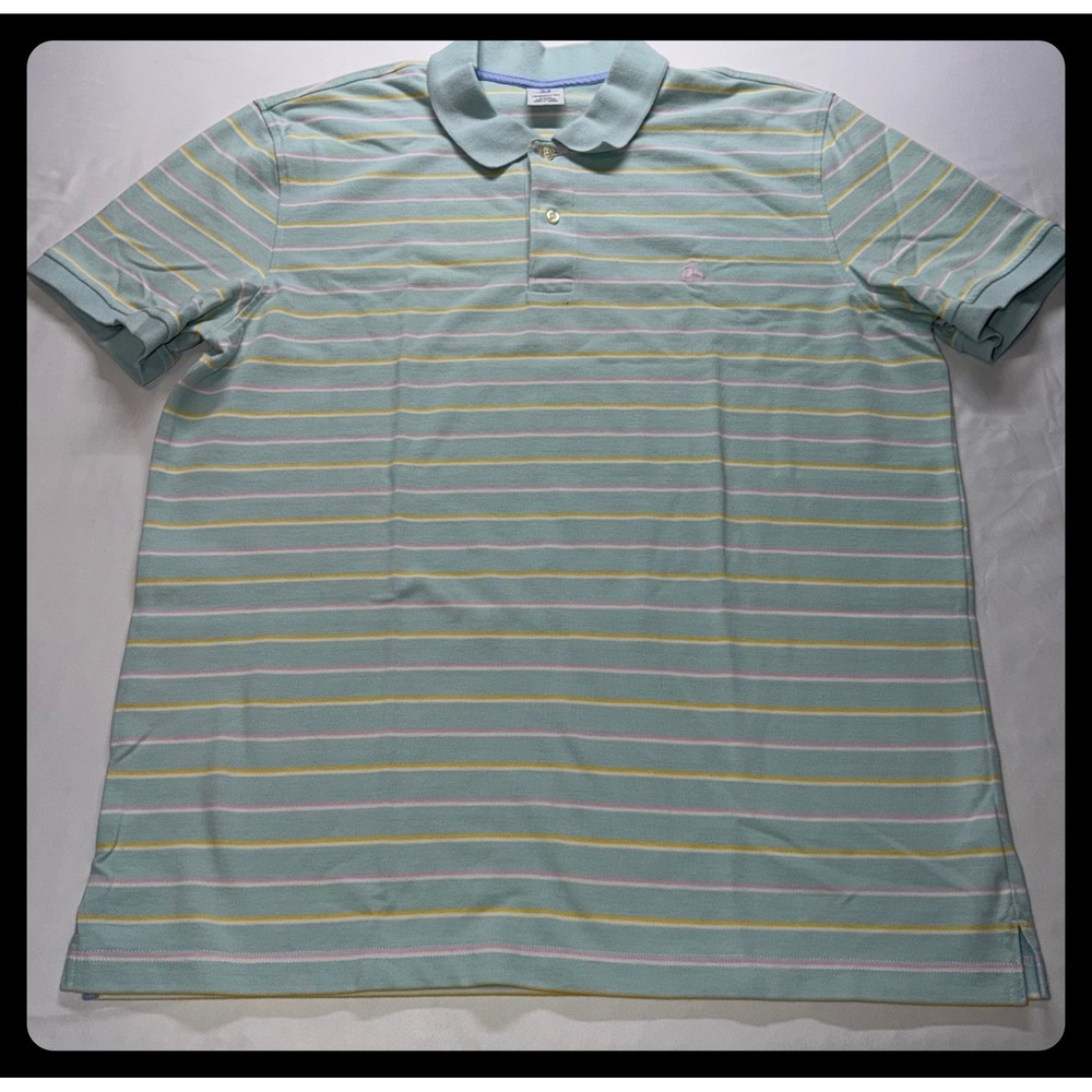 Brooks Brothers Polo Mens XXL Green Striped Performance Slim Fit Preppy